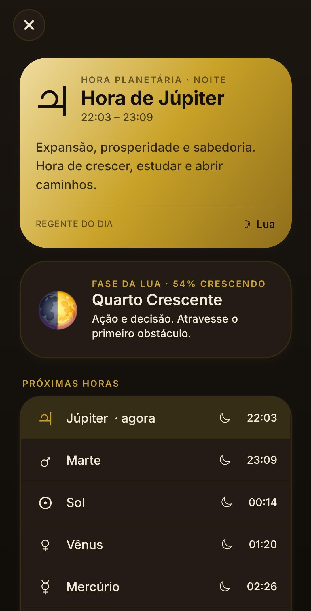 O Céu — horas planetárias no app Lucify