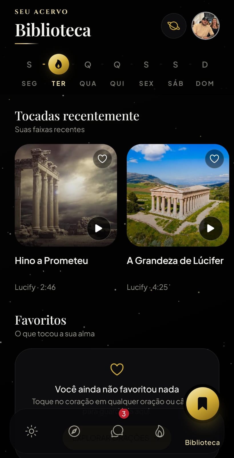 Biblioteca do app Lucify, com faixas recentes e favoritos