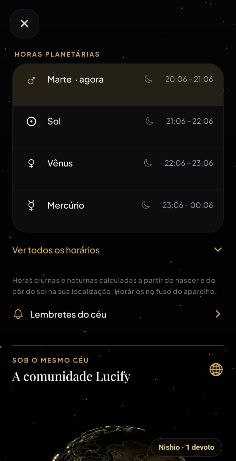 Tabela de horas planetárias e lembretes no Lucify